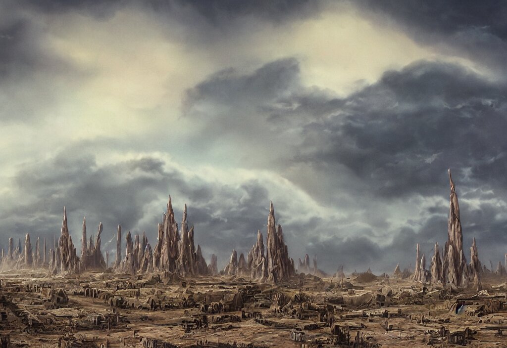 Matte Painting of One Single Tall Spire Military Base Surrounded