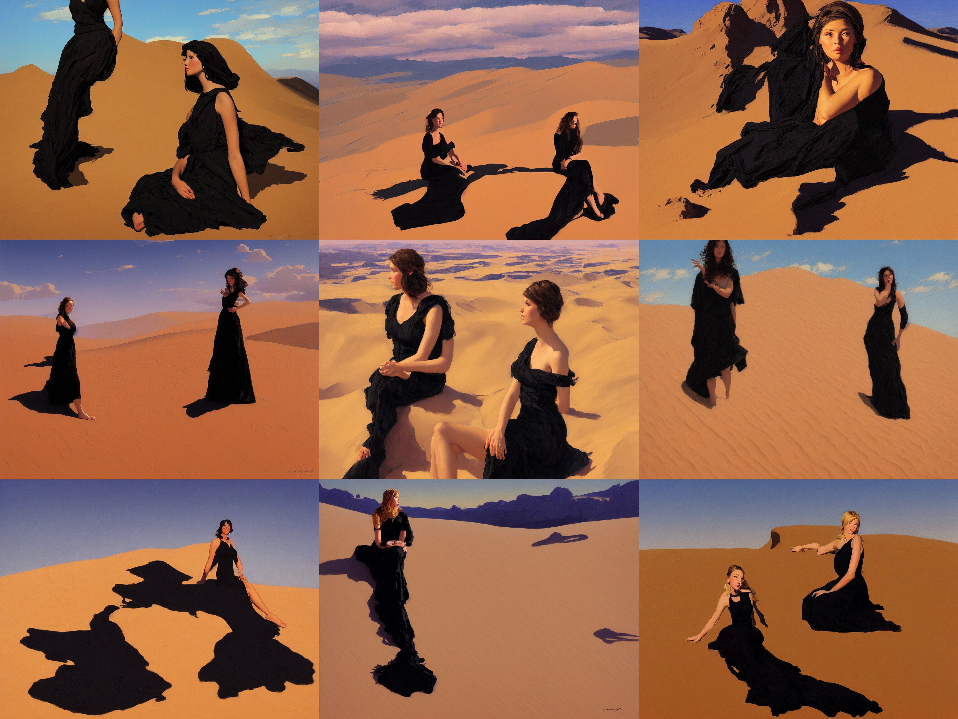 Sitting Girl in Black Dress Between Clouds Above Desert Dunes in Sunset Light