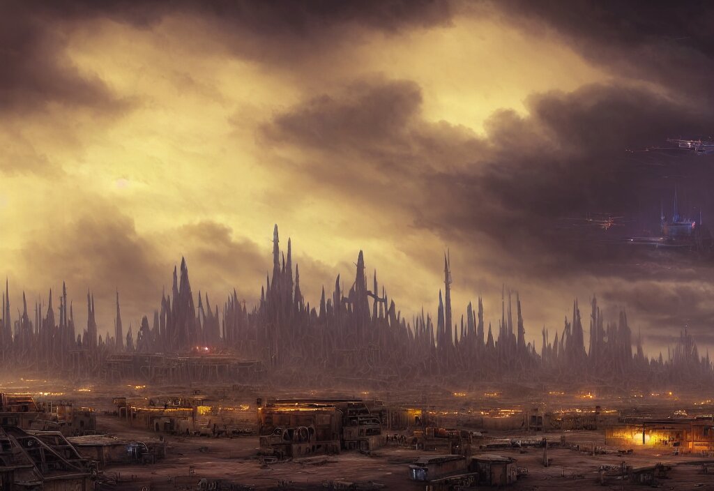 Matte Painting of One Single Tall Steel Spire Military Base Surrounded