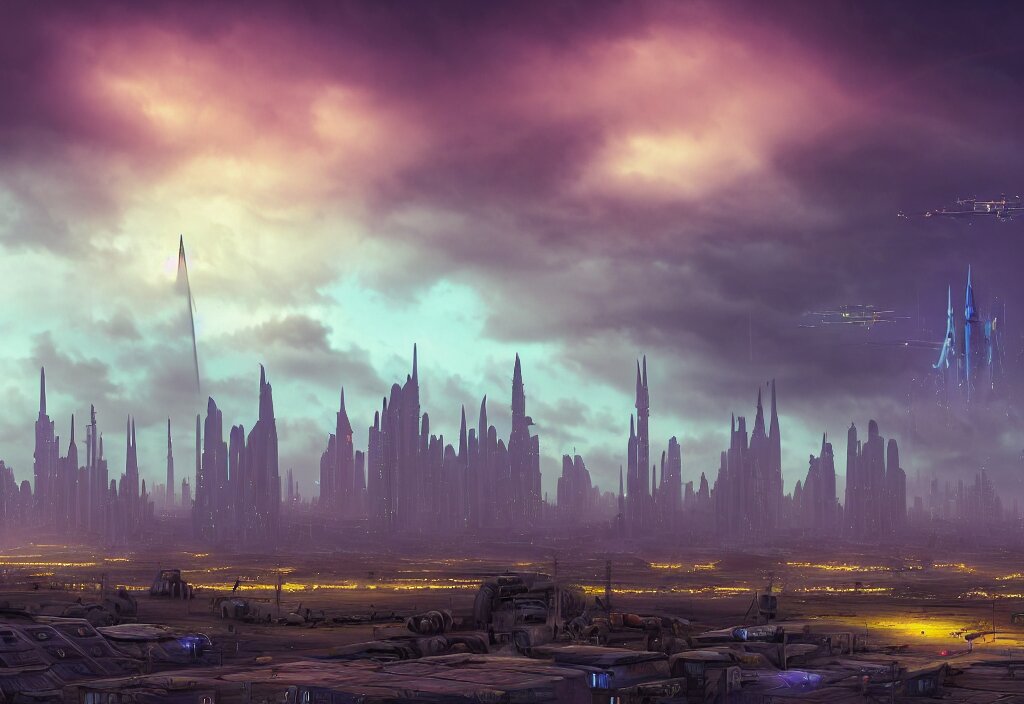 Matte Painting of One Solitary Tall Steel Spire Military Base Surrounded