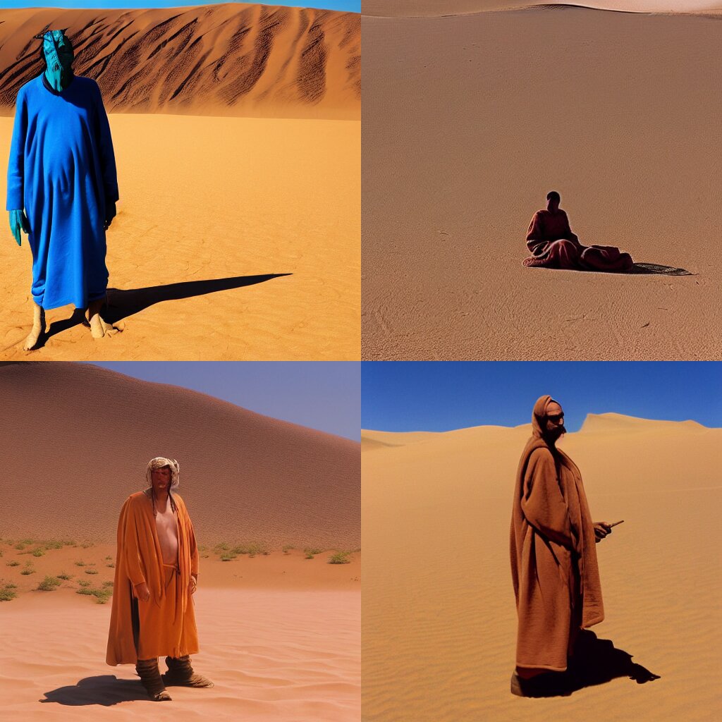 Man in a Desert Smoking Weed Wearing a Brown Robe with a Fremen Stillsuit
