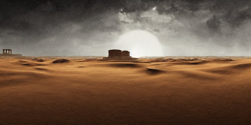 Wide Desertic Matte Painting Landscape with Ancient Temple Buried in the Sun