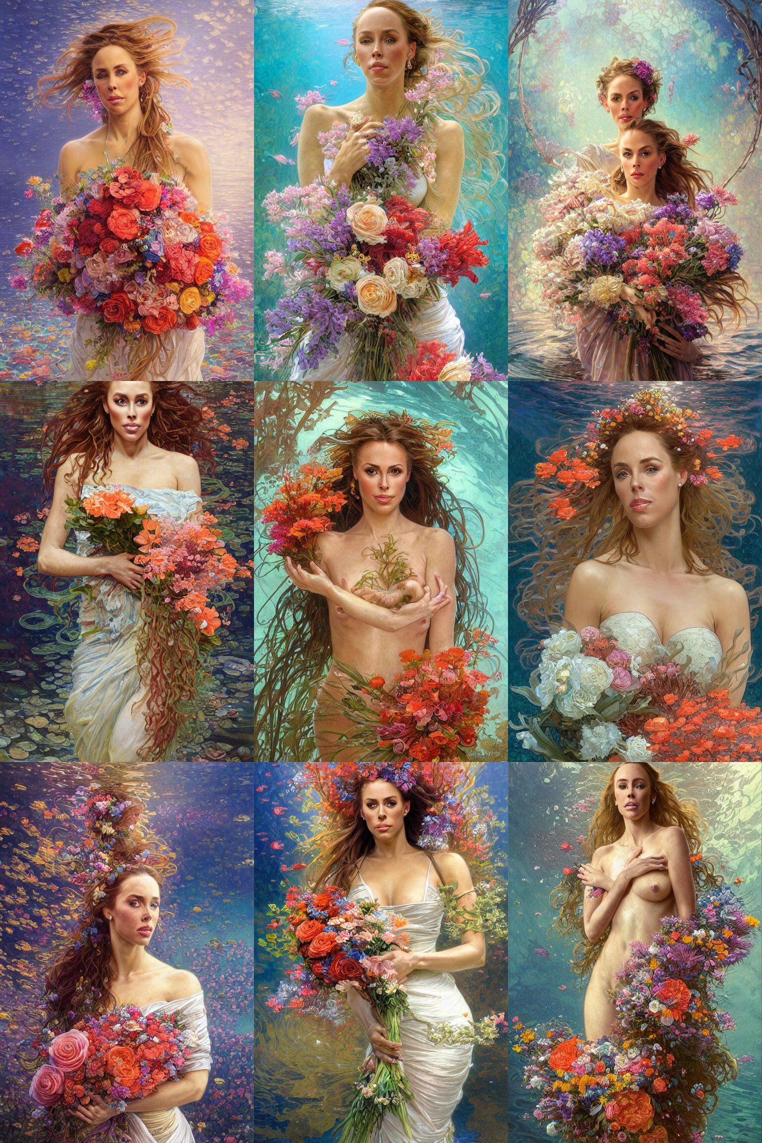 Portrait of a Beautiful Nicole Aniston Holding a Bouquet of Flowing Flowers