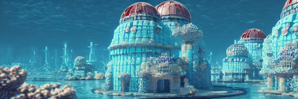 Beautiful Digital Illustration of a Shining Silver Domed Underwater City Surrounded