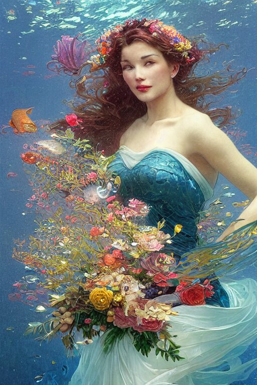 Portrait of a Beautiful Mysterious Woman Holding a Bouquet of Flowing Flowers