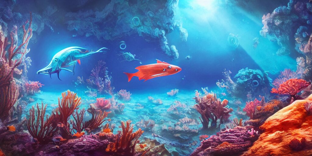 An Alien Fish Swimming an Alien Habitable Underwater Planet