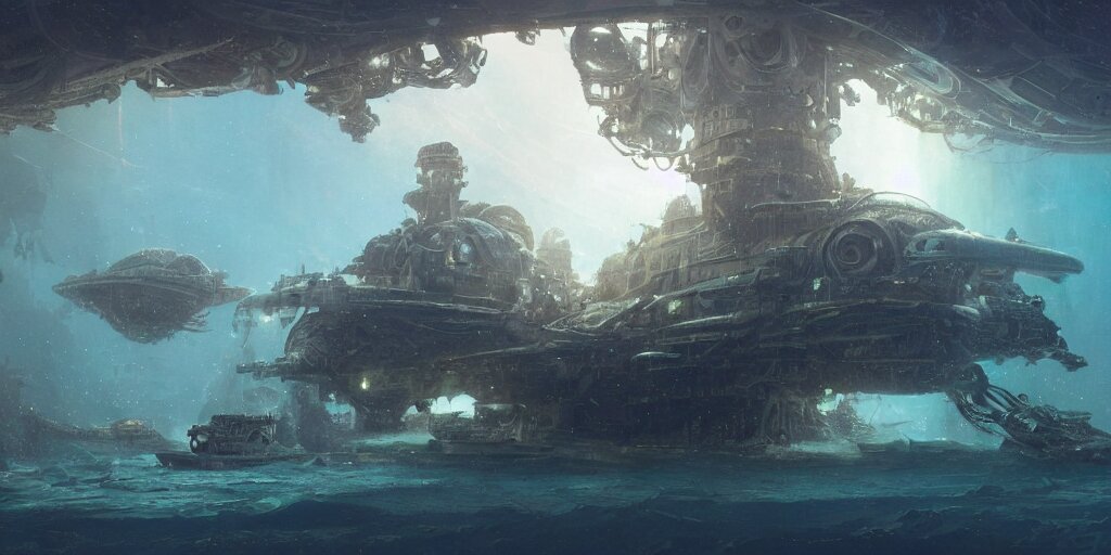 Dieselpunk Spaceship Lies at the Bottom of the Sea in a Coral Reef