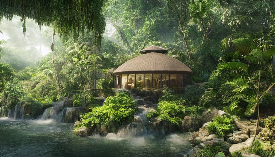 Beautiful Round Glass House Built Near a Waterfall in the Tropical Jungle
