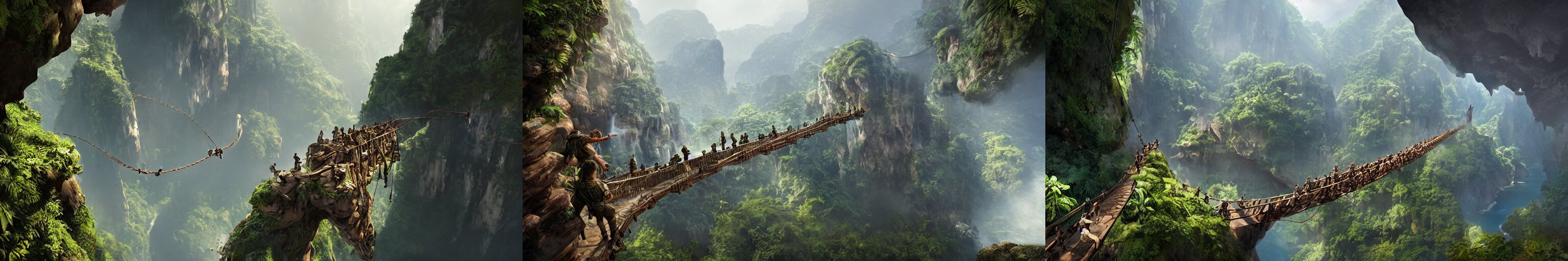 Wide Angle View of Soldiers Crossing a Suspended Rope Bridge over an Deep Canyon