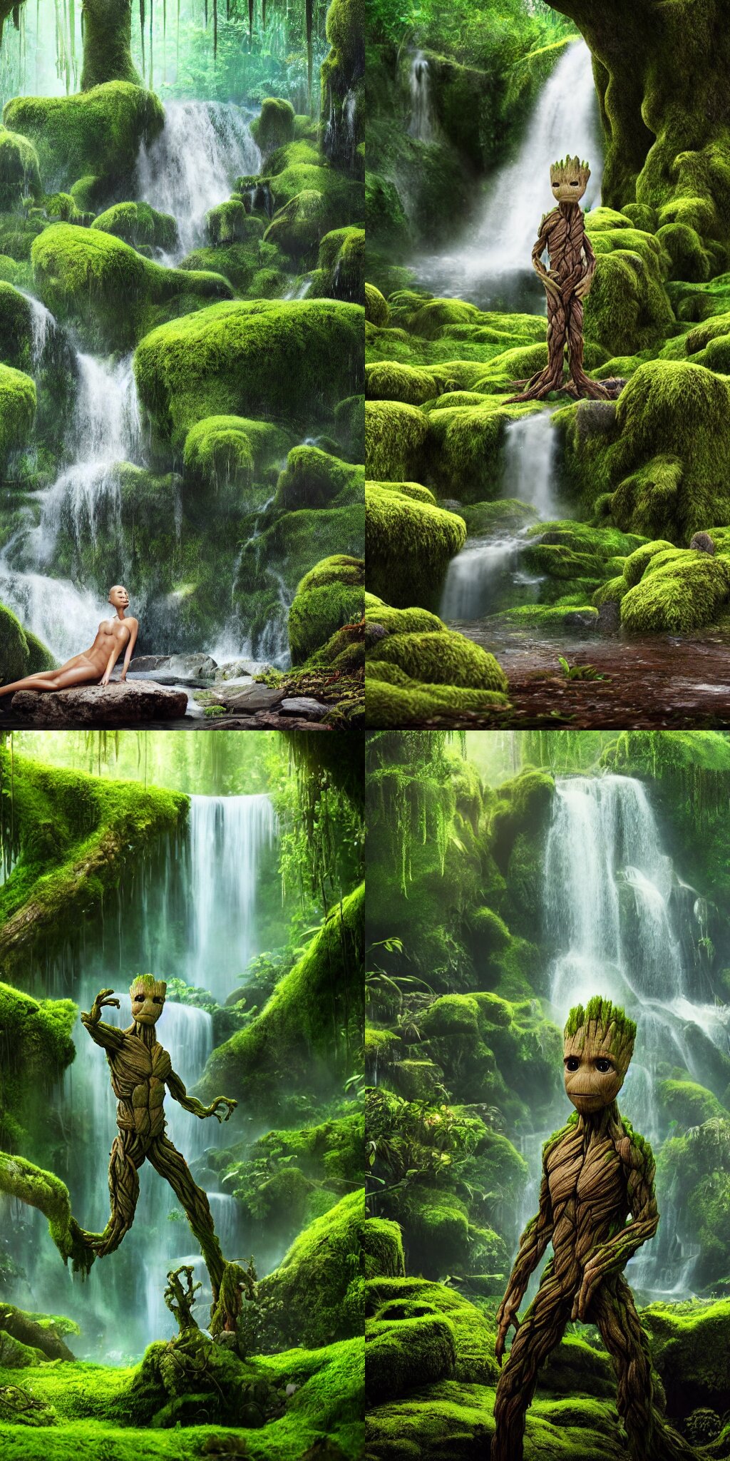 Photorealistic Wide Shot Focus Portrait of Groot Relaxed Posing