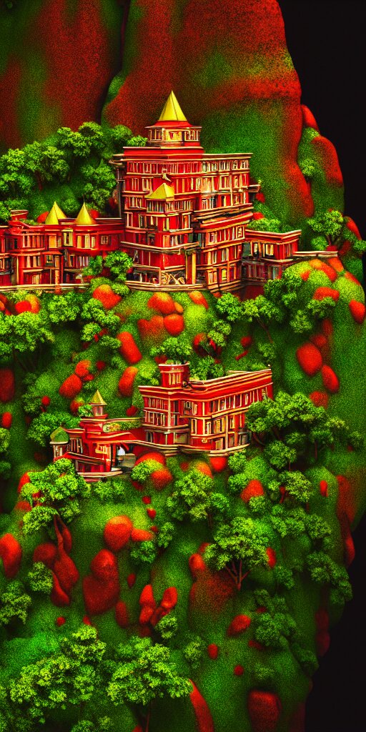 A Beautiful Hyperrealistic Red and Gold Castle on Top of a Rocky Hill Surrounded