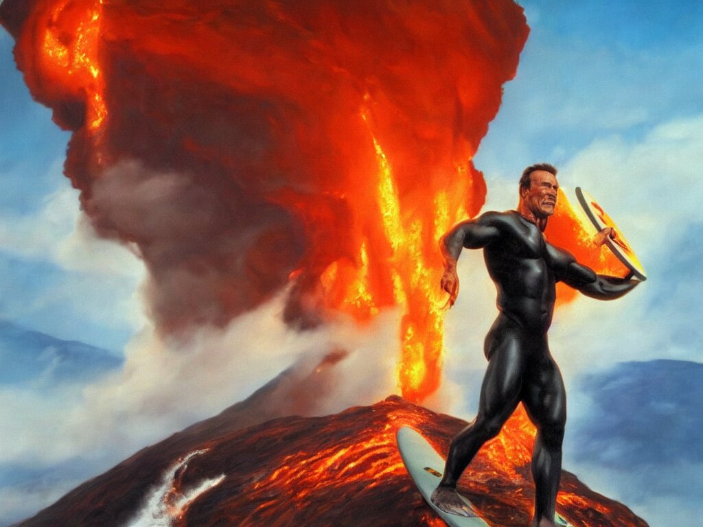 Detailed Portrait of an Arnold Schwarzenegger Surfing on Lava