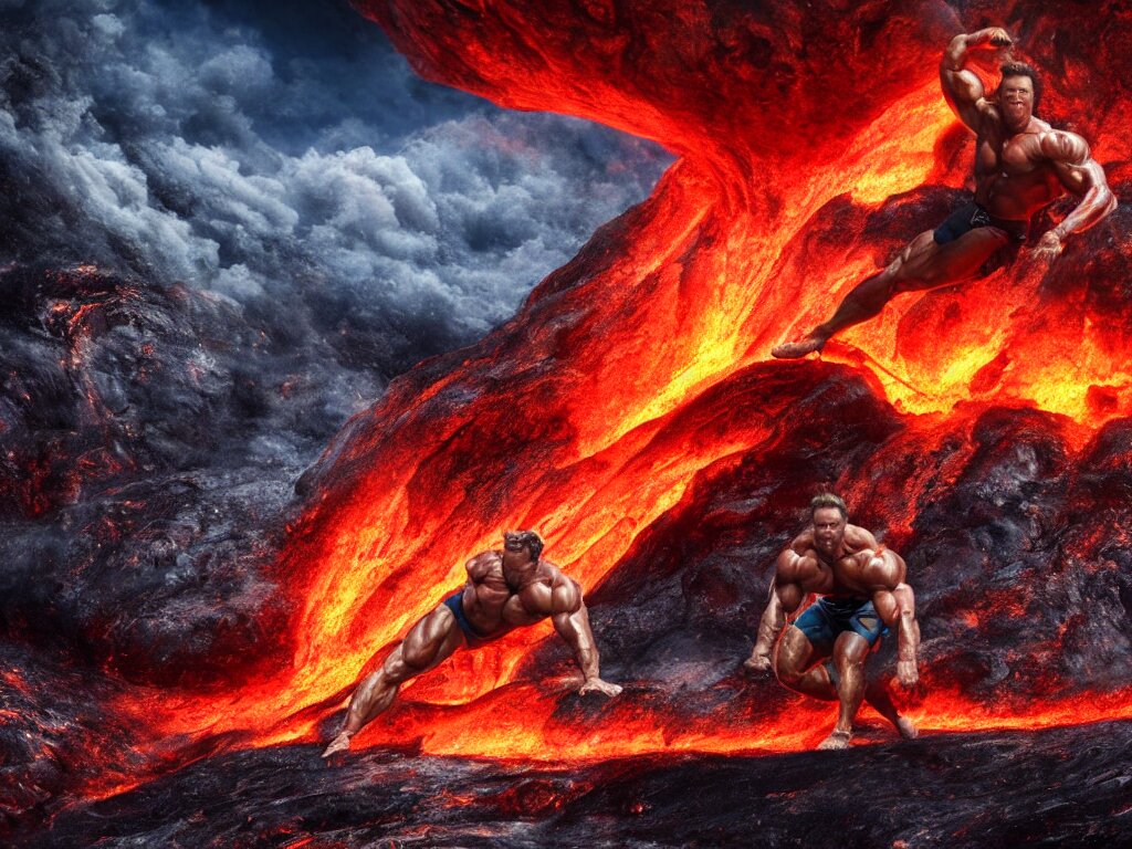 Muscular Arnold Schwarzenegger Surfing on Lava from an Erupting Volcano
