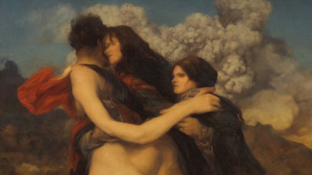 Man and a Woman Hugging During the Eruption of a Volcano in a Pre-raphaelite Painting