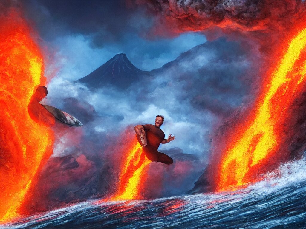 Portrait of a Arnold Schwarzenegger Surfing Inside Erupting Volcano
