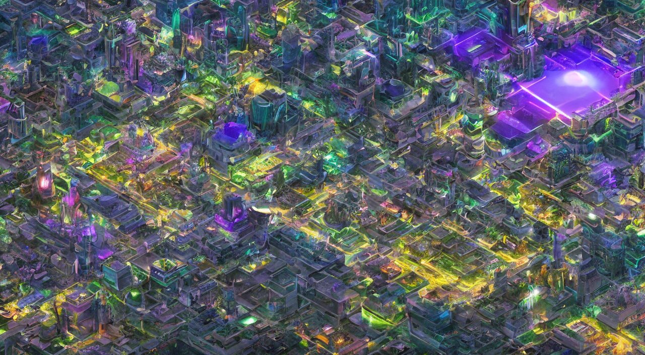 Isometric View of a Futuristic City of Psychedelic Architecture