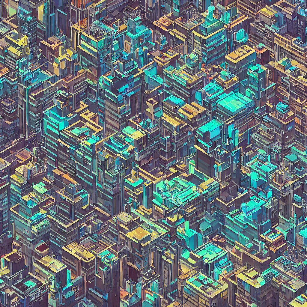 View from the Balcony over Vast Cyberpunk City Isometric Detailed Painting