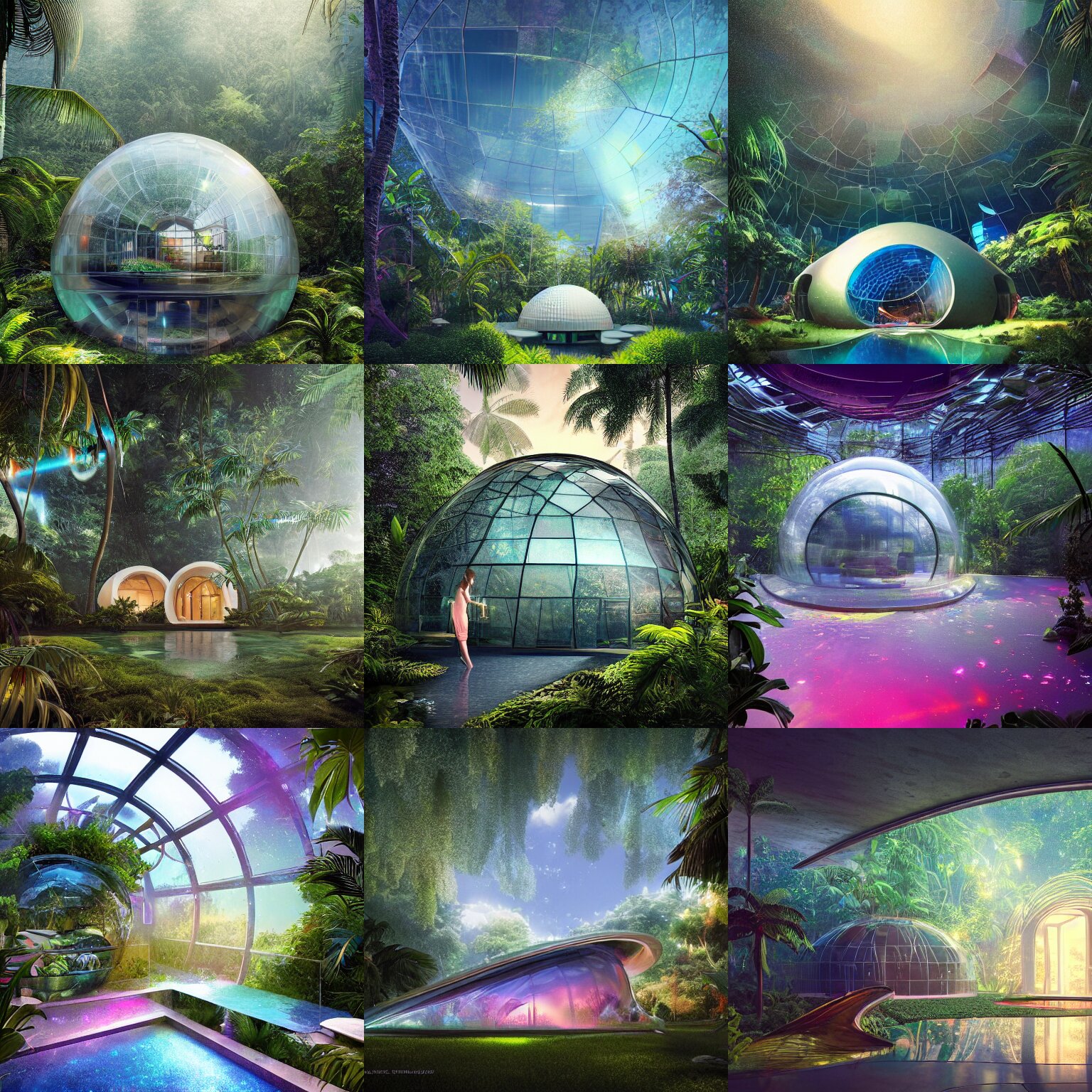 Beautiful Domed Sci-fi House Made of Shattered Glass in a Tropical Rainforest