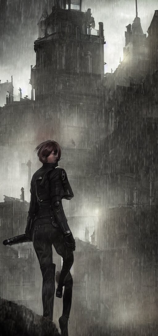 Annie Leonhart in Dunwall City Wearing Recon Corps Uniform Running on a Gothic House Roof