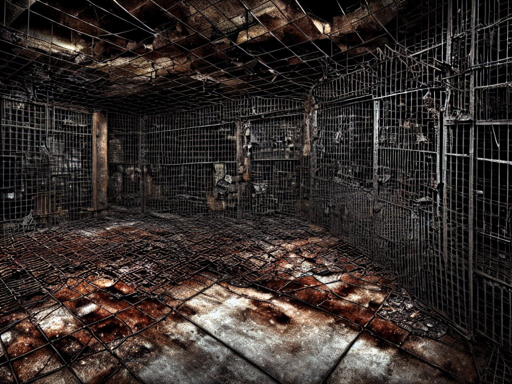 Underground Very Gloomy Multi-layered Structure of Rusty Thick Iron Grids
