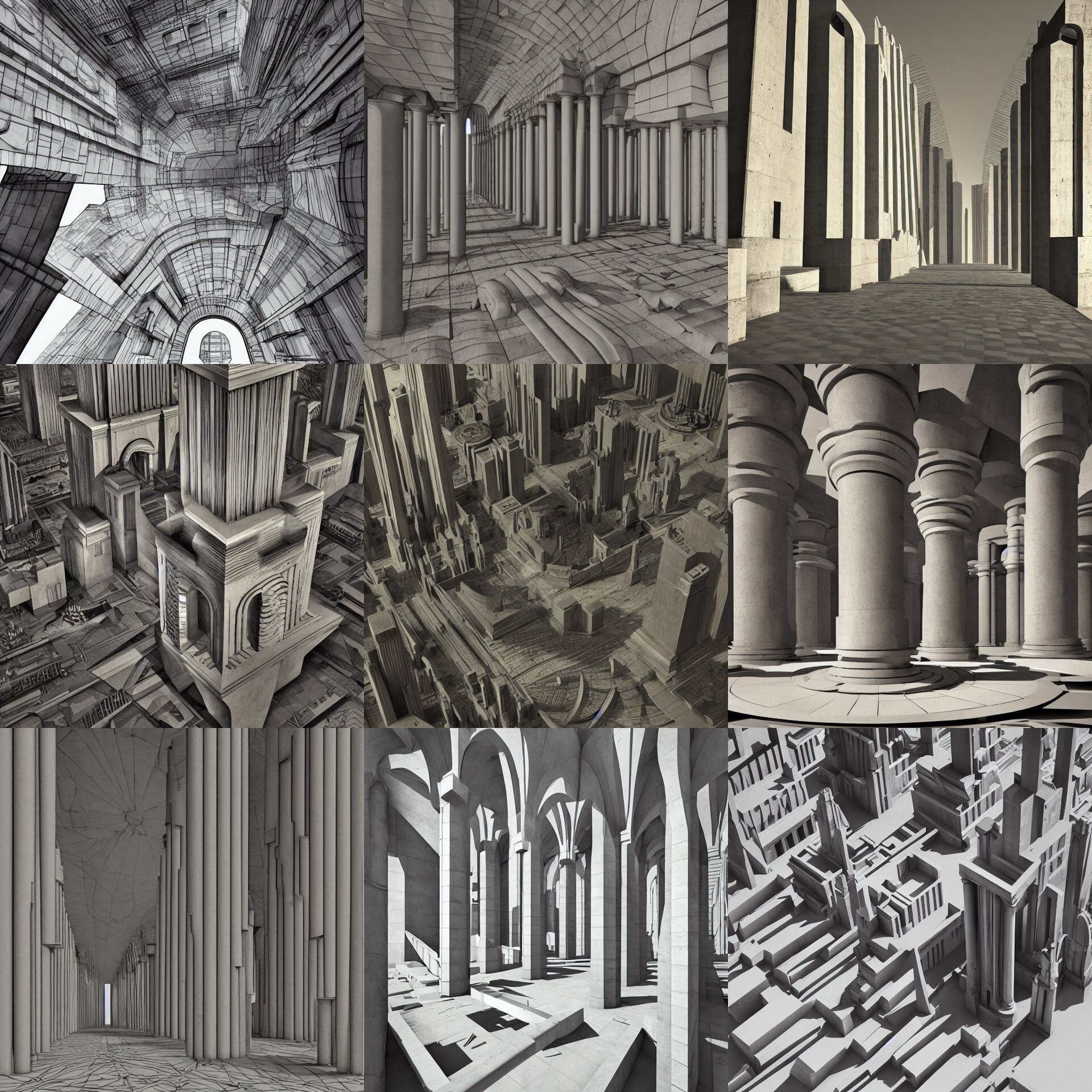 Illustration in the Style of Hugh Ferriss and Giorgio De Chirico and Gérard Trignac