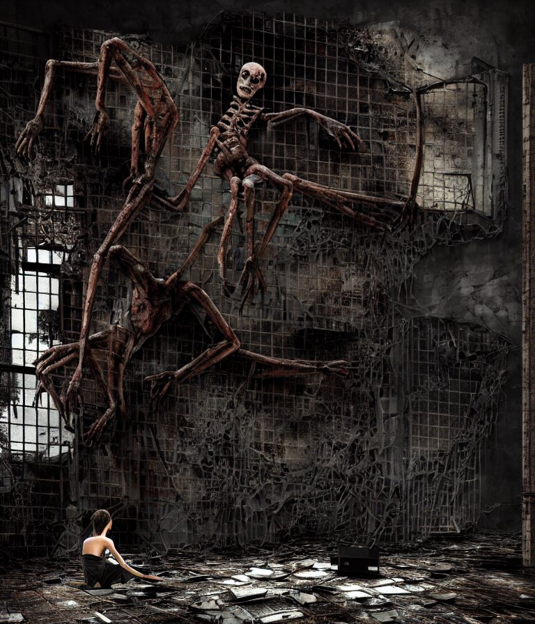 Creepy Huge Suffering Humanoid with Long Limbs Sits on the Floor and Looks at the Old TV