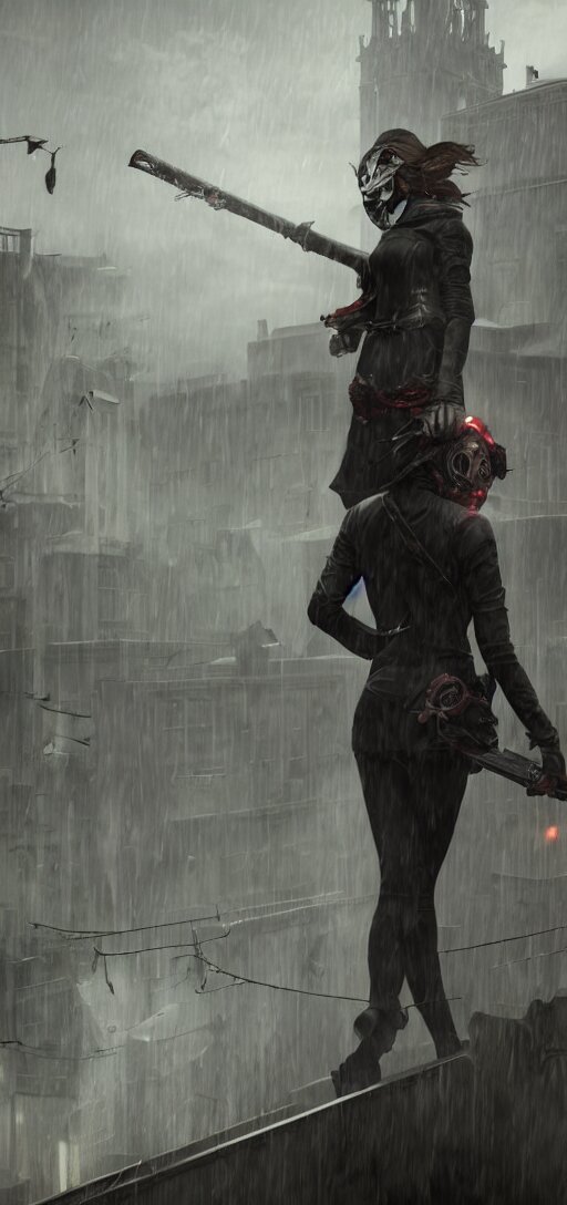 Annie Leonhart in Dunwall City Wearing Corvo Attano's Mask Running on a Roof