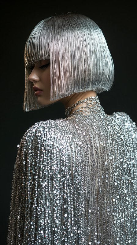 Silver Bob Hairstyle Model with Chain Cape