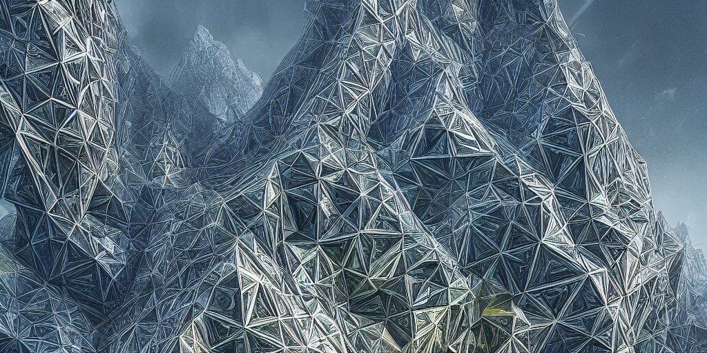 Triangular Brutalistic Building Made of in a Vibrant Naturalistic Landscape