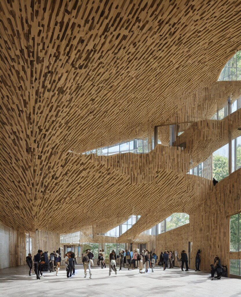 Interior of a Brutalist Building Made of Glulam
