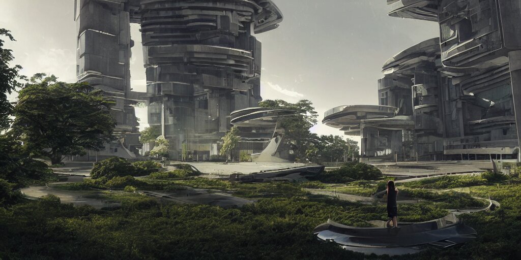 Futuristic Spaceship in the Middle of Brutalist Architecture