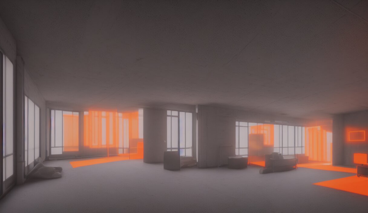 Room in a Brutalist Building with Small Windows