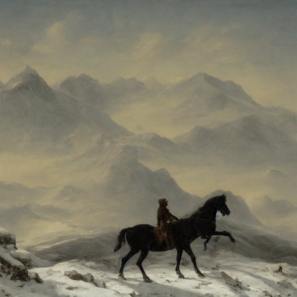 Dark Figure on Horseback in an Icy Landscape with Snow Covered Mountains in the Distance