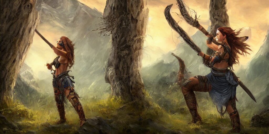 Warrior Woman in Rests an Axe on Her Shoulder