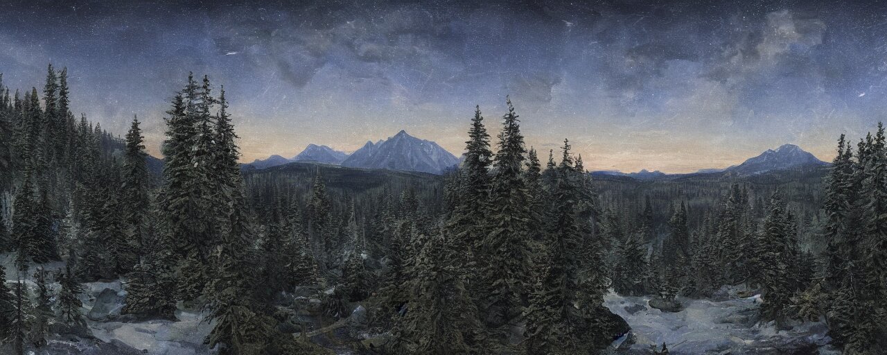 Beautiful Landscape at Midnight at the Mountains Viewed from Above a Forest