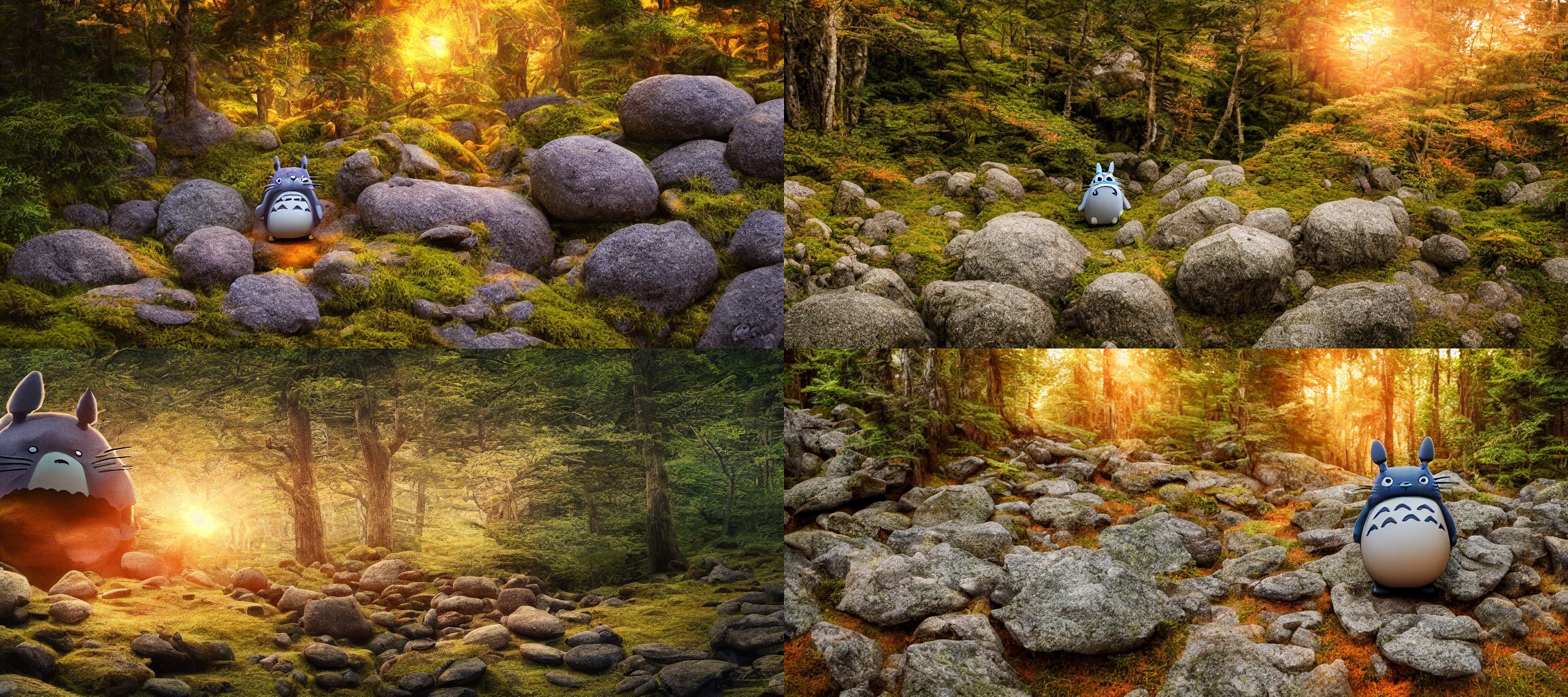Totoro Walking Through Rocks in a Mountainous Forest Terrain at Sunset