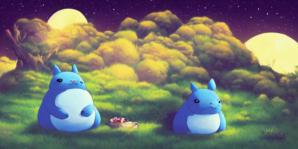 Glowing Snorlax and Totoro Doing a Picnic