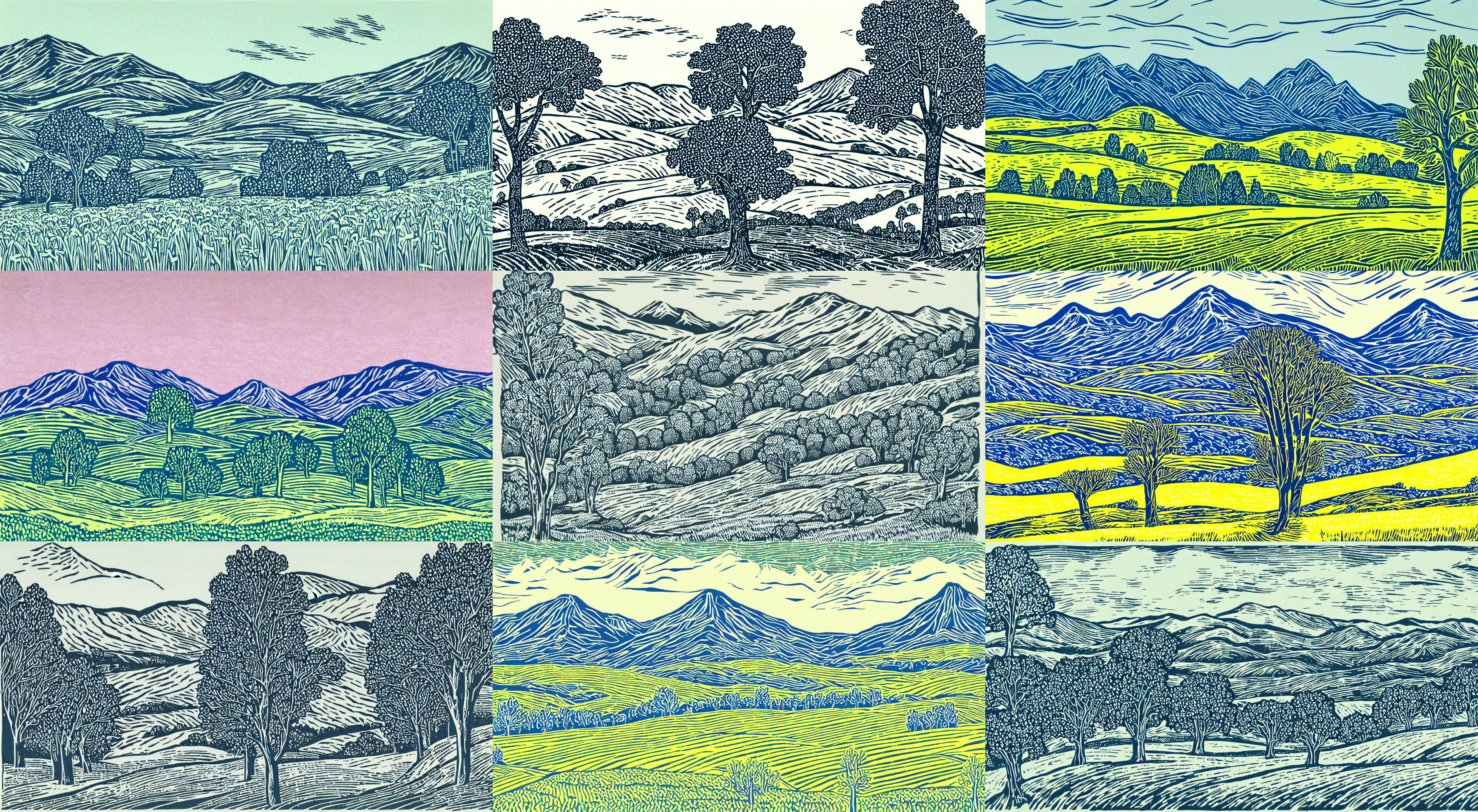 Beautiful Linocut Print on Paper of Spring Landscape with Trees