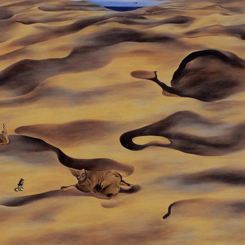 Untradetailed Oil Painting of a Melting Cat Lying on Flowing Desert