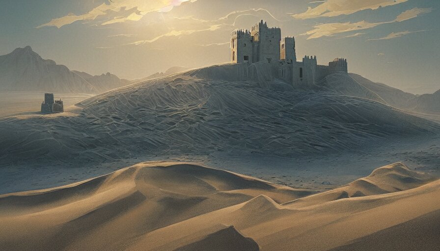 Portrait of a Vast Desert with Sand Dunes and a Small Castle
