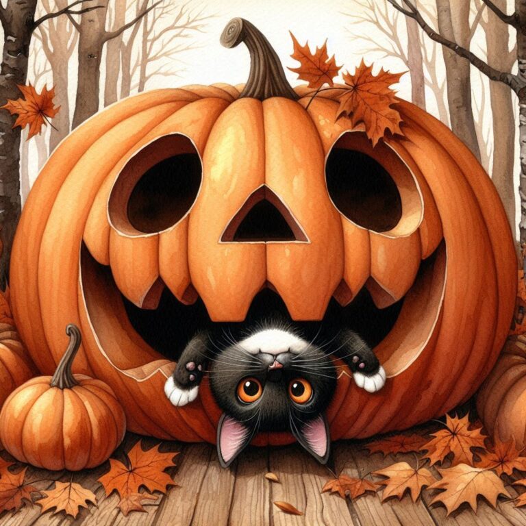 Whimsical Pumpkin and Cat Autumn Scene