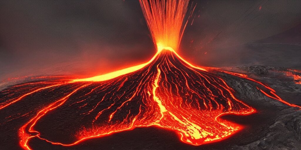Volcano Erupting and Lava Sliding Down to a Village