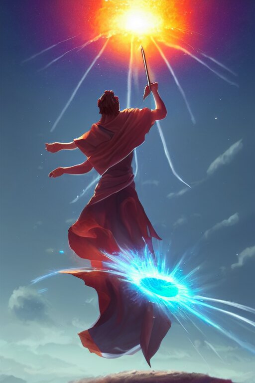 Levitating Mage Wielding a Spear Opening a Shining Portal Pulsating in the Night Sky
