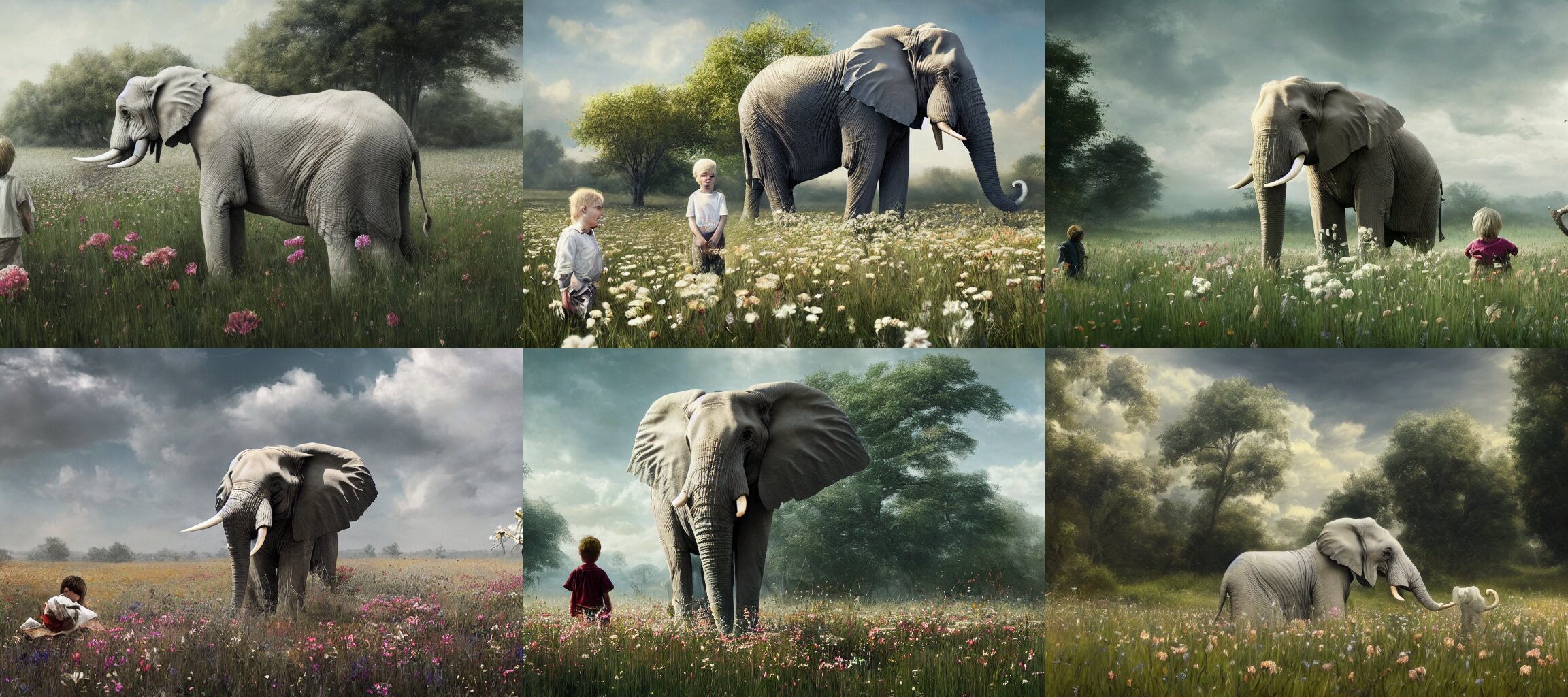 Large Elephant Sized Albino White Tiger Sits Beside a Boy in a Field of Flowers