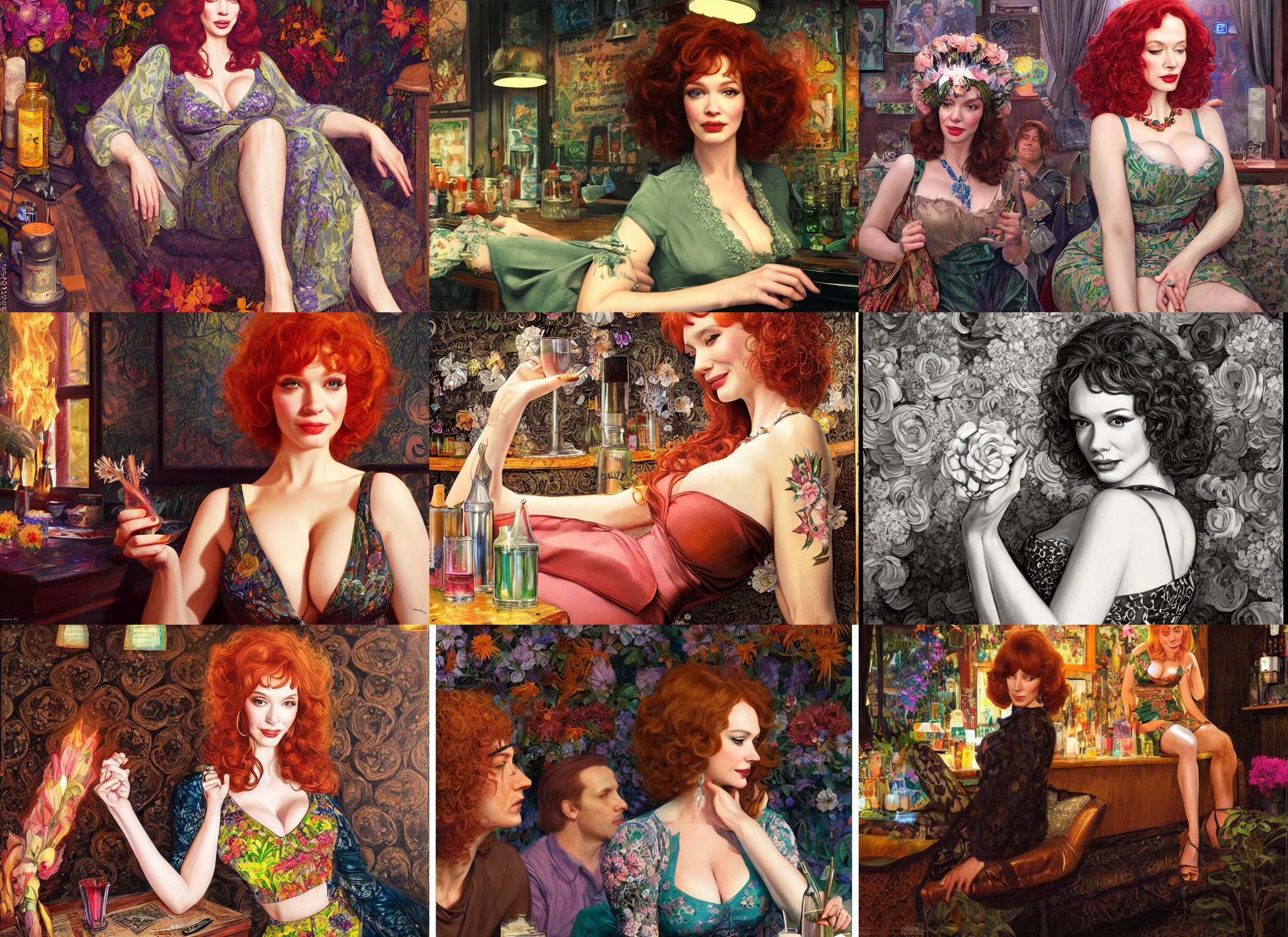 Christina Hendricks as a 1960s Flower Power Hippy Relaxing in a Smokey Dark Bar