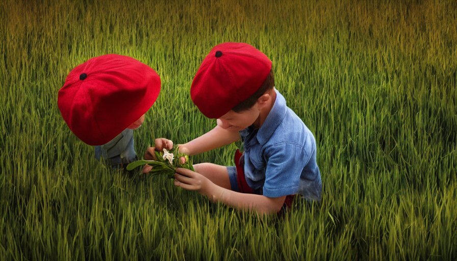 Young Boy with a Red Hat Harvesting Flowers in the Grass Field