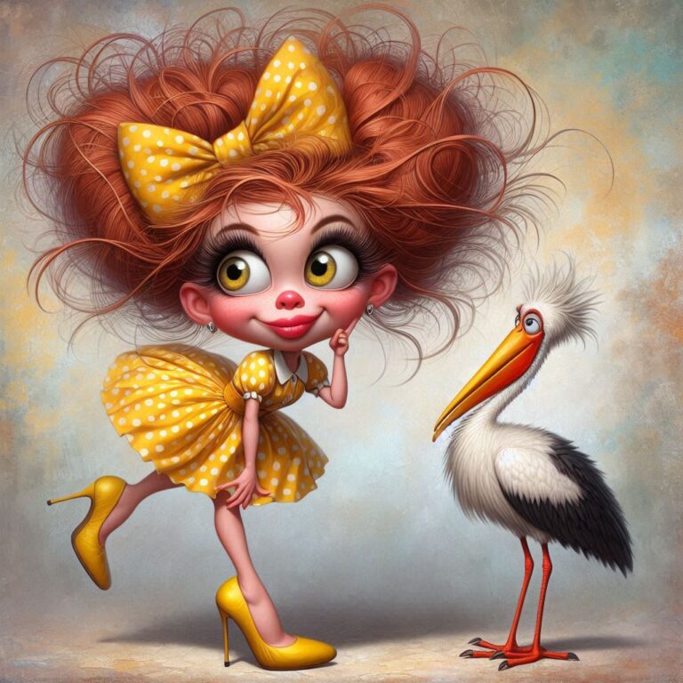 Whimsical Doll Girl with Quirky Stork