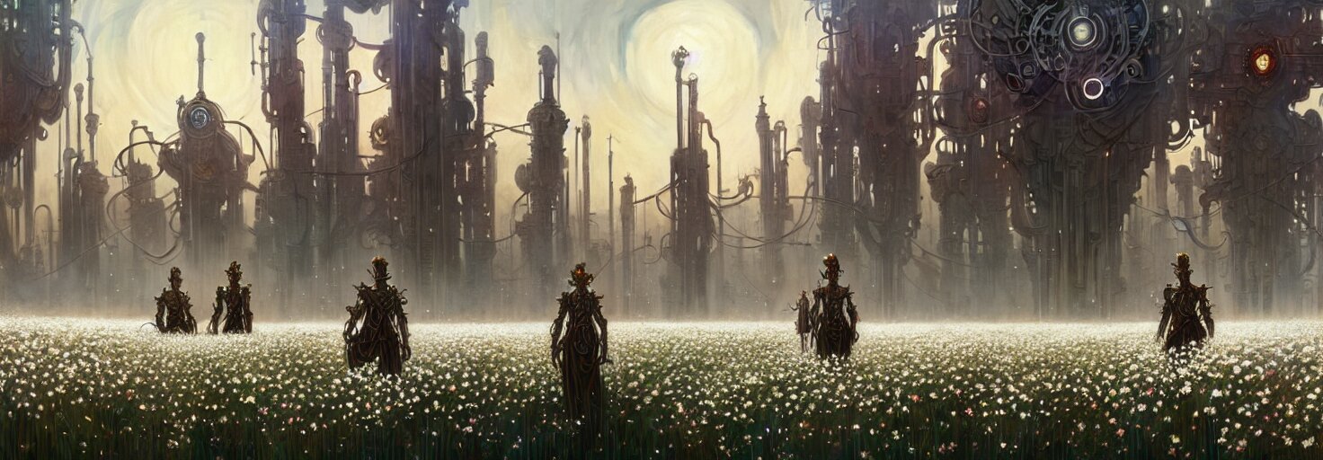 Steampunk Cybercity in a Field of White Flowers