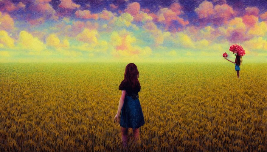 Flower Face Girl in Empty Wheat Field