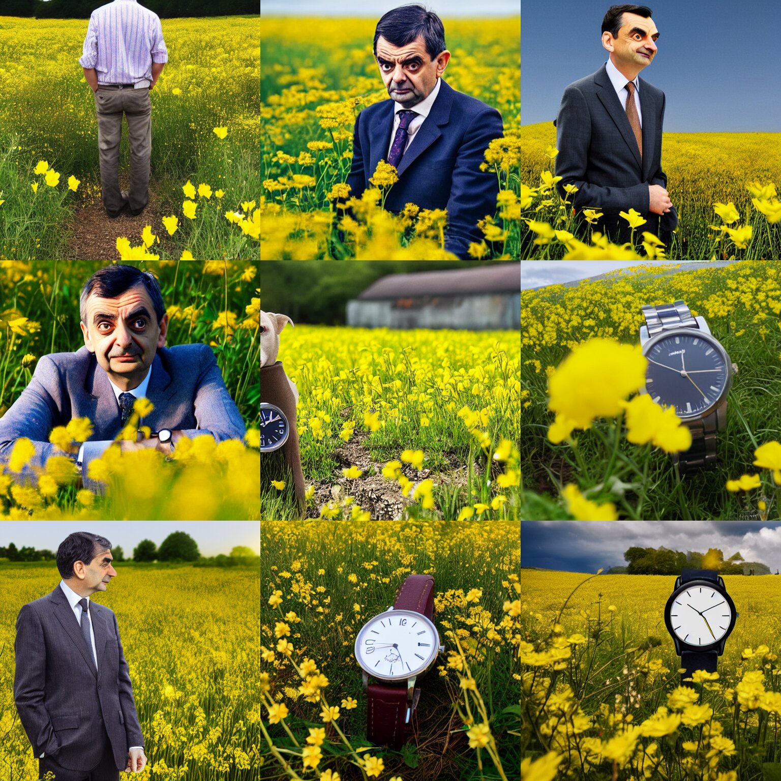 Bean Waiting Impatiently Looking at His Watch in a Field of Yellow Flowers